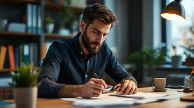 Mann berechnet Foerderung am Schreibtisch in einem Buero in Nordrhein-Westfalen