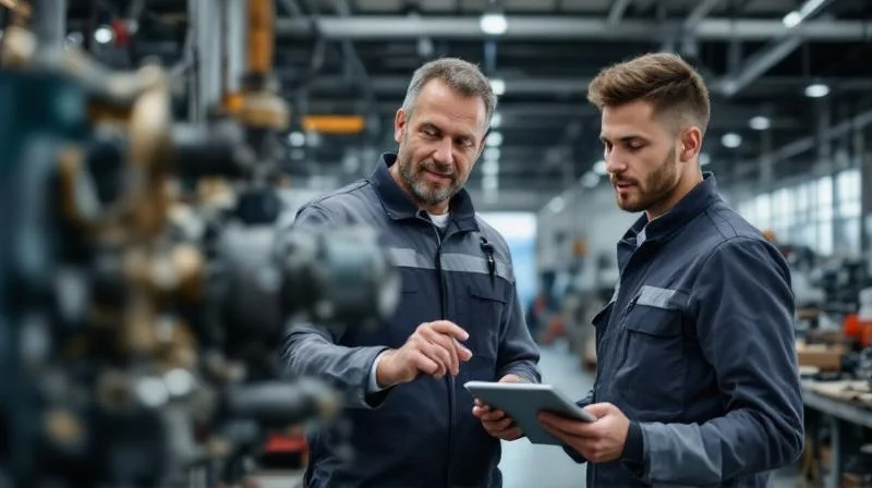Ausbilder in einem Neusser Industriebetrieb beim Anleiten einer Auszubildenden an einer Werkbank