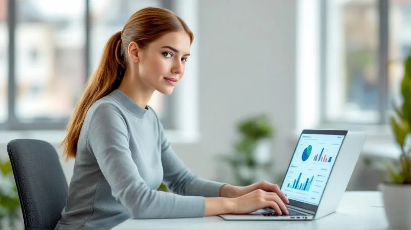 Frau lernt KI-Weiterbildung am Laptop in einem modernen Arbeitsbereich in Neuss