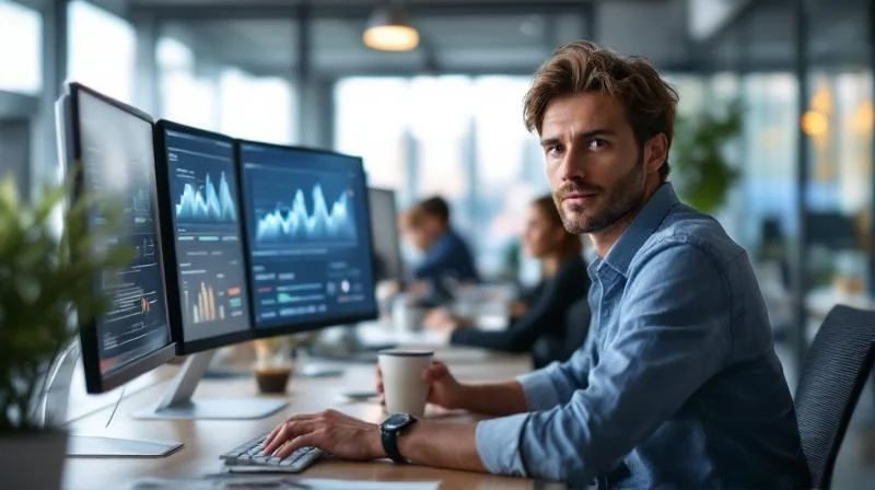 Quereinsteiger in einem Neusser Unternehmen am Arbeitsplatz, arbeitet konzentriert an Dashboards und KI-Tools