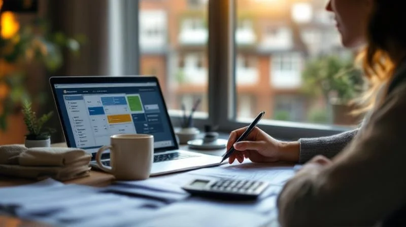 Neusser Beschäftigter am Schreibtisch zu Hause mit Steuerunterlagen, Laptop und Taschenrechner