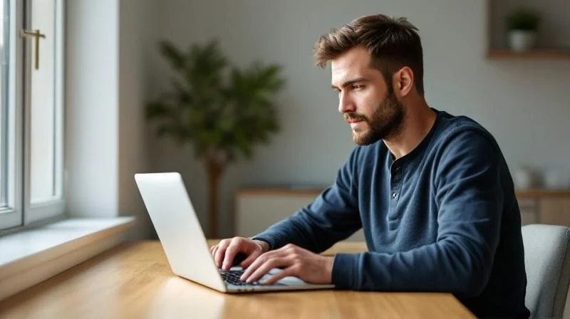 Mann arbeitet konzentriert am Laptop in einem hellen Raum in Neuss