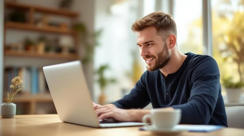 Mann arbeitet konzentriert am Laptop an einem Schreibtisch in Neuss